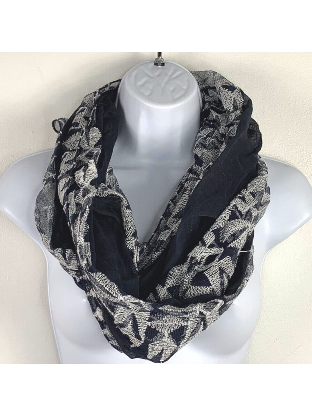 Modelama Women Infinity Scarf Navy White Embroidered Geometric Lightweight Sheer